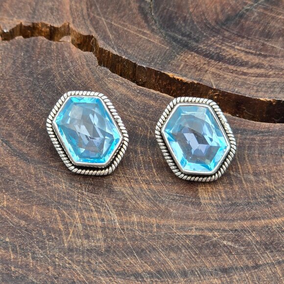 Vintage Nicky Butler Sterling Silver & Blue Topaz Gemstone Hexagon Stud Earrings - Picture 2 of 8